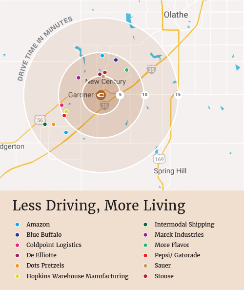Map showing average drive times from Conestoga to major factory and warehouse employers in Gardner, KS