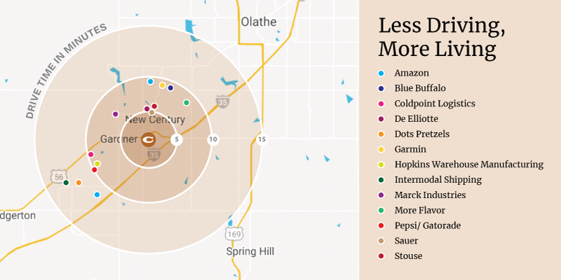 Map showing average drive times from Conestoga to major factory and warehouse employers in Gardner, KS
